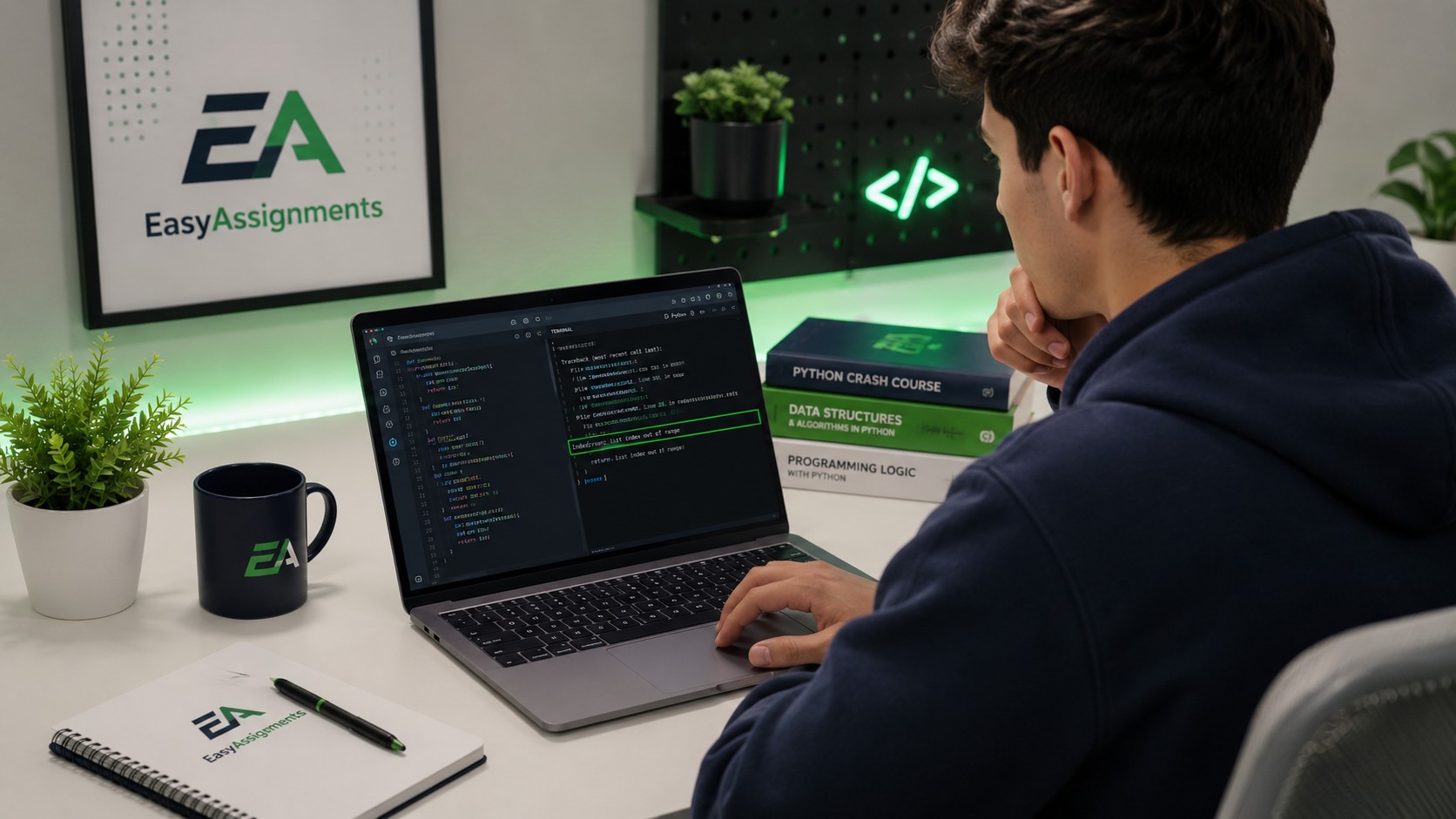 Student debugging a Python assignment on a laptop with a highlighted error traceback in the terminal