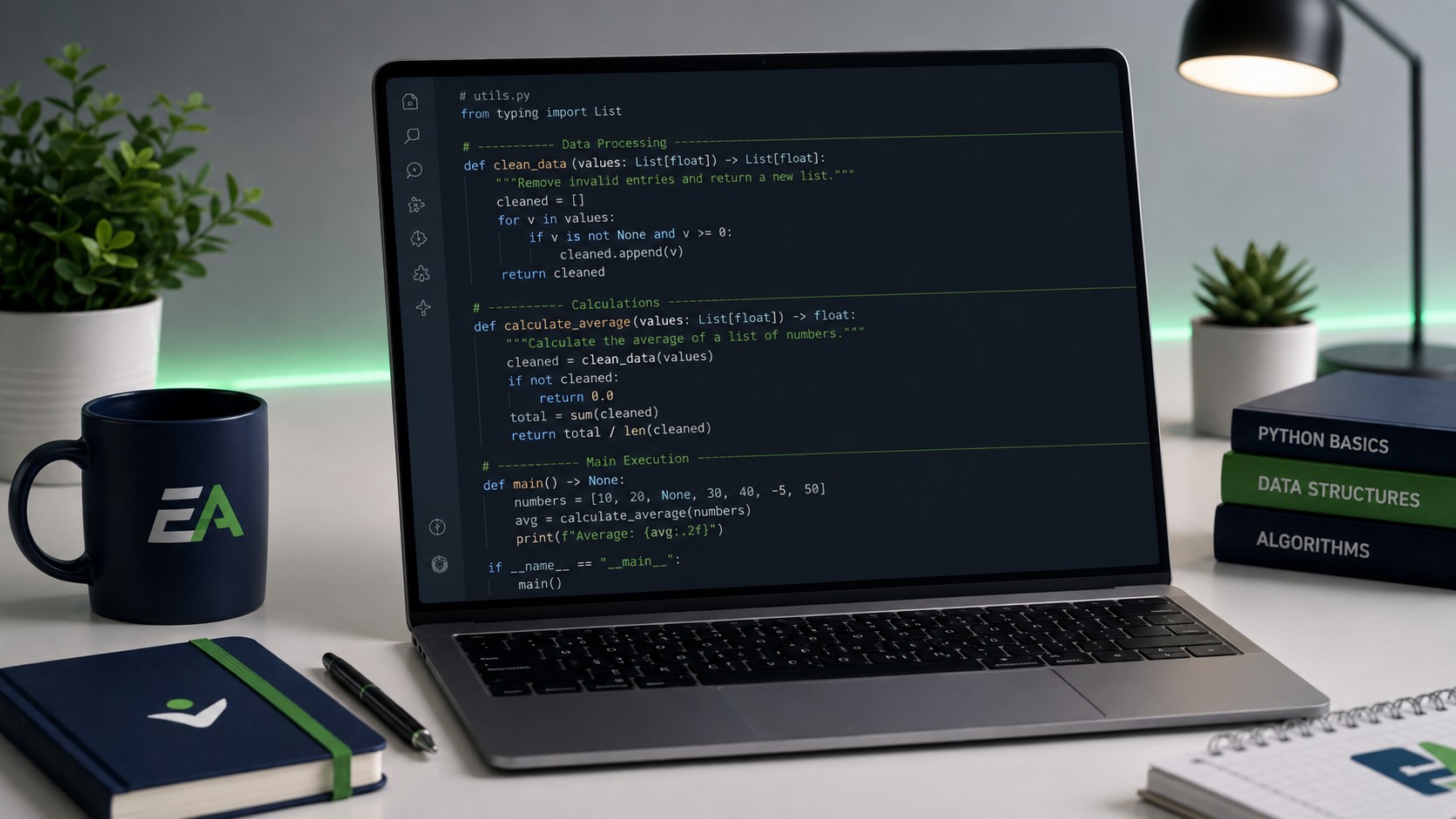 Clean Python code editor showing organized functions with comments for easier debugging