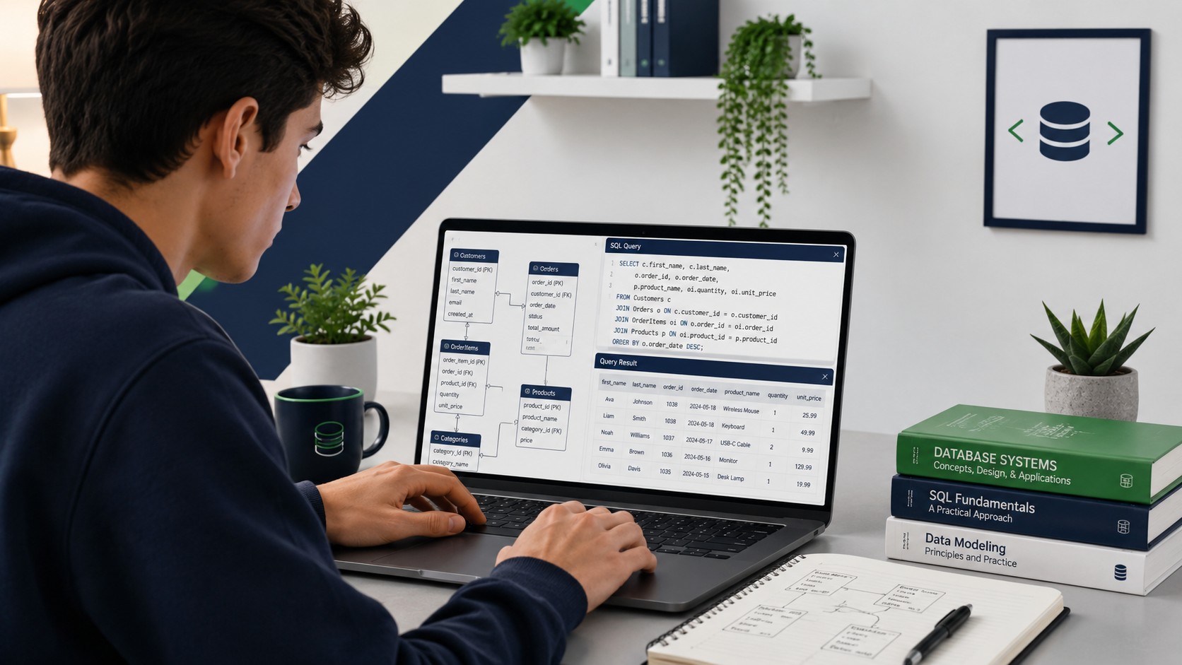 College student reviewing a normalized database schema and SQL query results on a laptop for an assignment