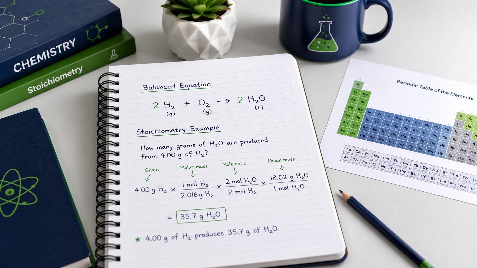 Worked chemistry stoichiometry problem showing step by step unit conversions from grams to moles