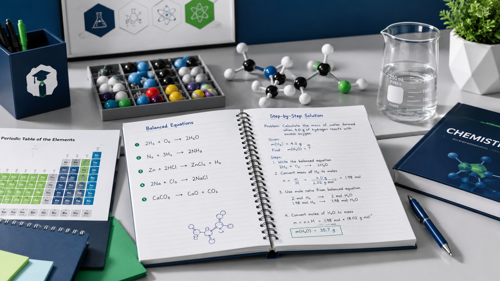 Student comparing a hand written chemistry attempt against a fully worked step by step solution