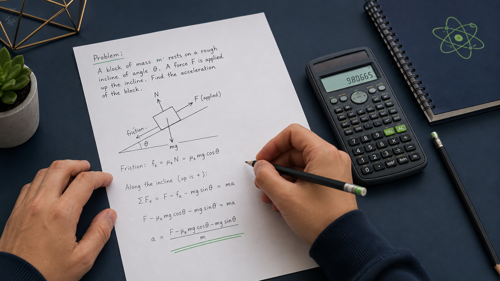 Student working through a step by step solved physics problem with a free body diagram and equations