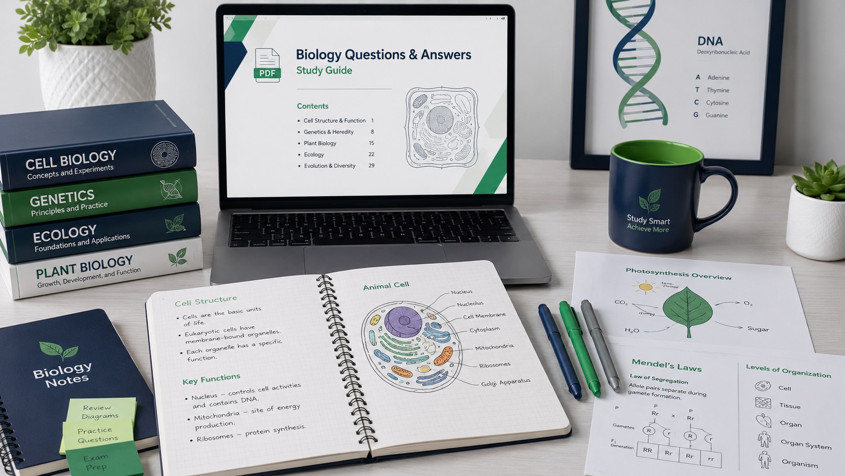 Student revising biology with a questions and answers PDF open on a laptop beside labeled diagrams