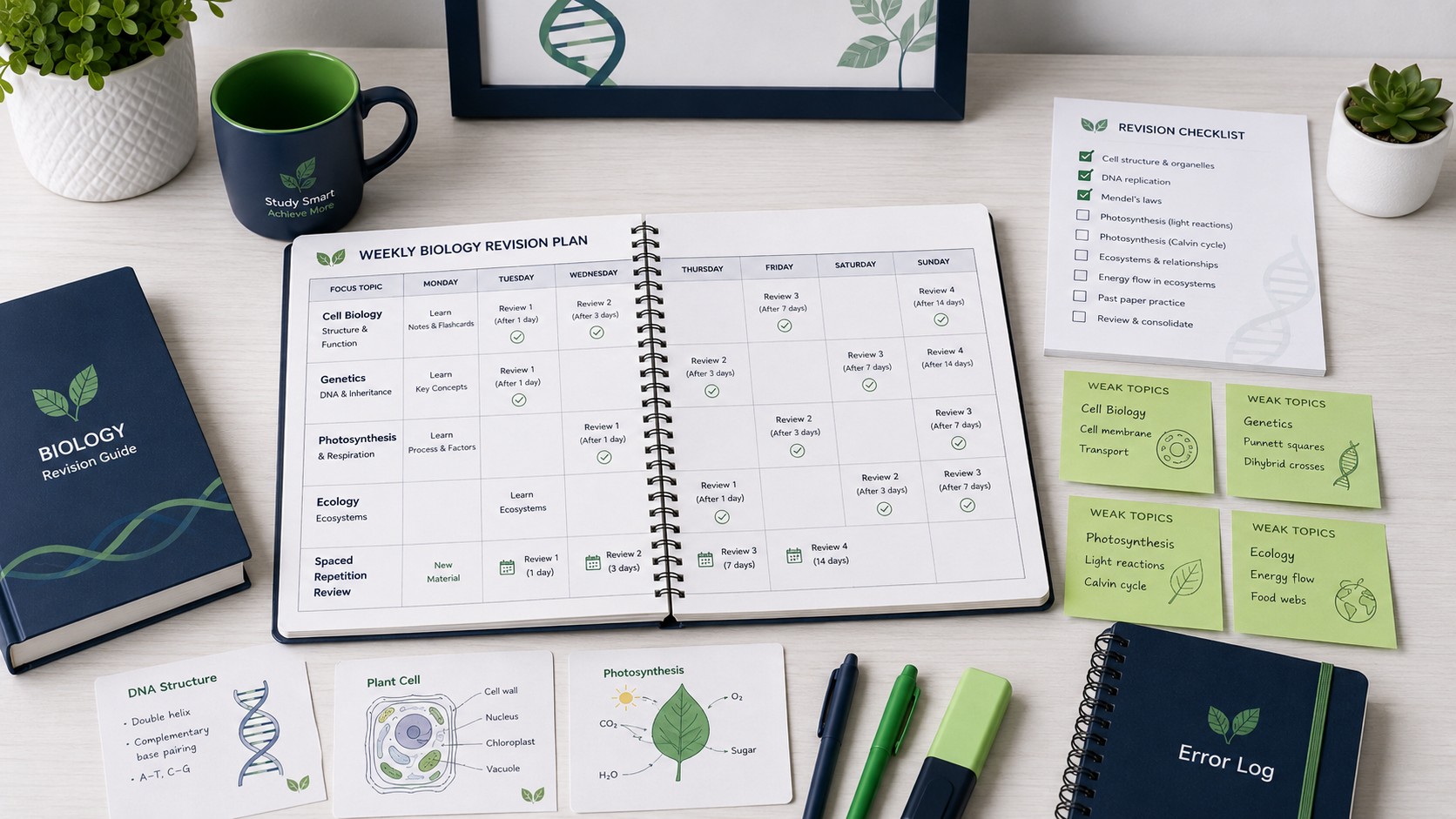 Organized biology revision plan with spaced repetition schedule and an error log for tracking weak topics