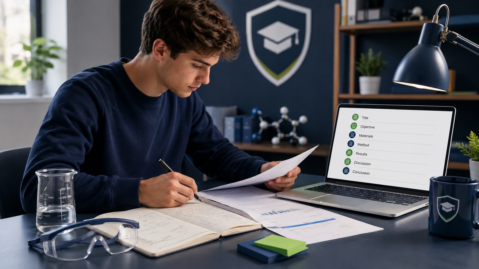 University student organising the sections of a lab report at a desk with a laptop and lab notebook