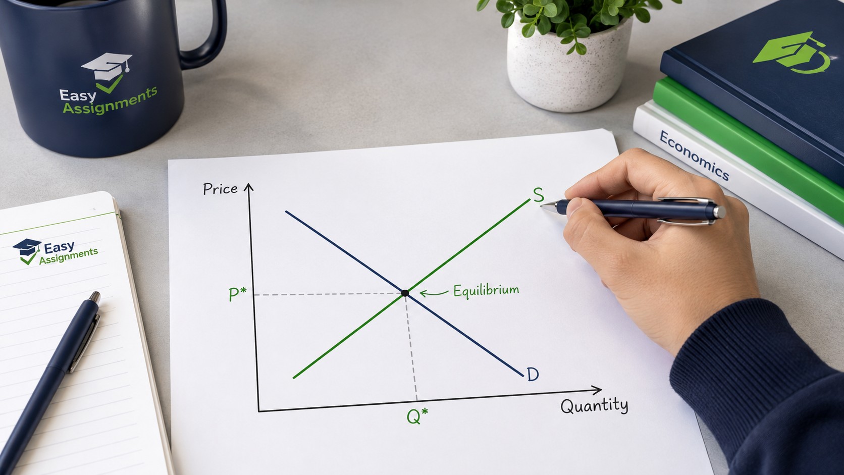 Student drawing a labelled supply and demand graph with equilibrium point for economics homework