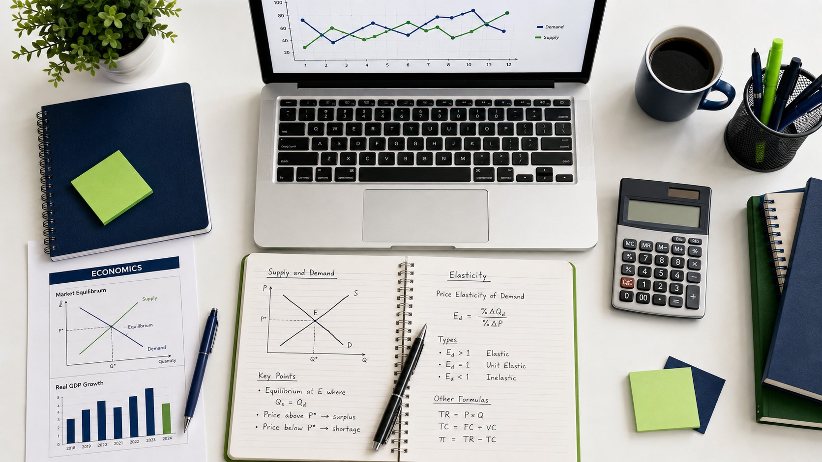 Study desk with economics notes, calculator, and laptop showing charts for homework help