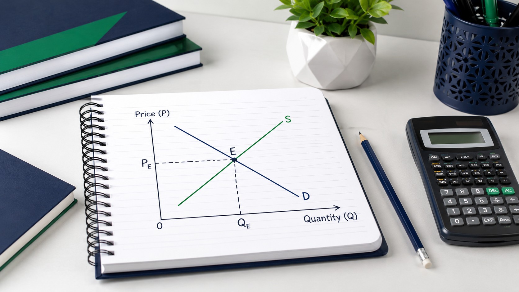 Microeconomics supply and demand graph with equilibrium point drawn in a student notebook
