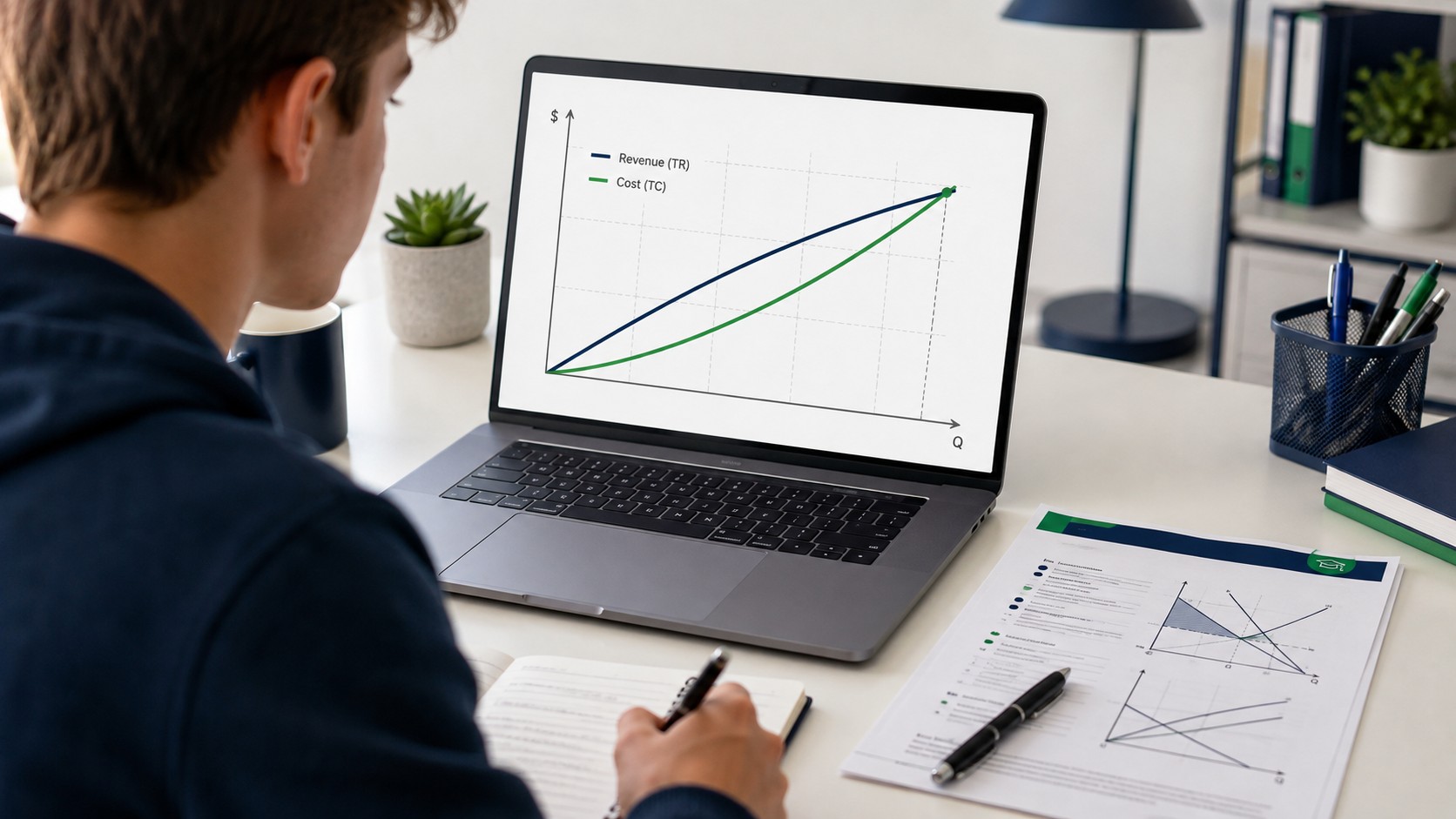 Student comparing marginal cost and marginal revenue on a laptop chart for a microeconomics profit maximization assignment