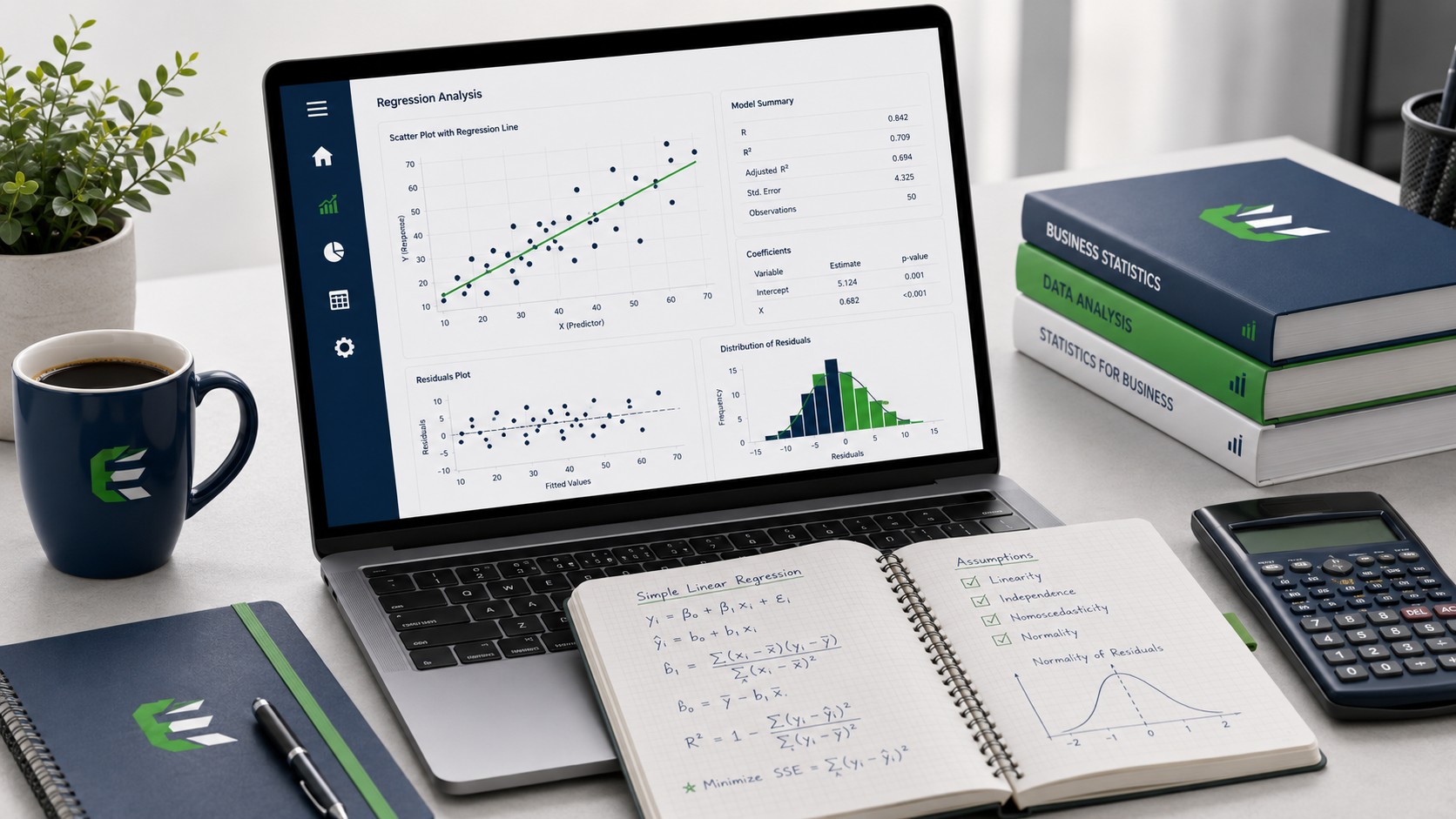 Business statistics assignment showing a scatter plot with regression line and analysis notes on a laptop
