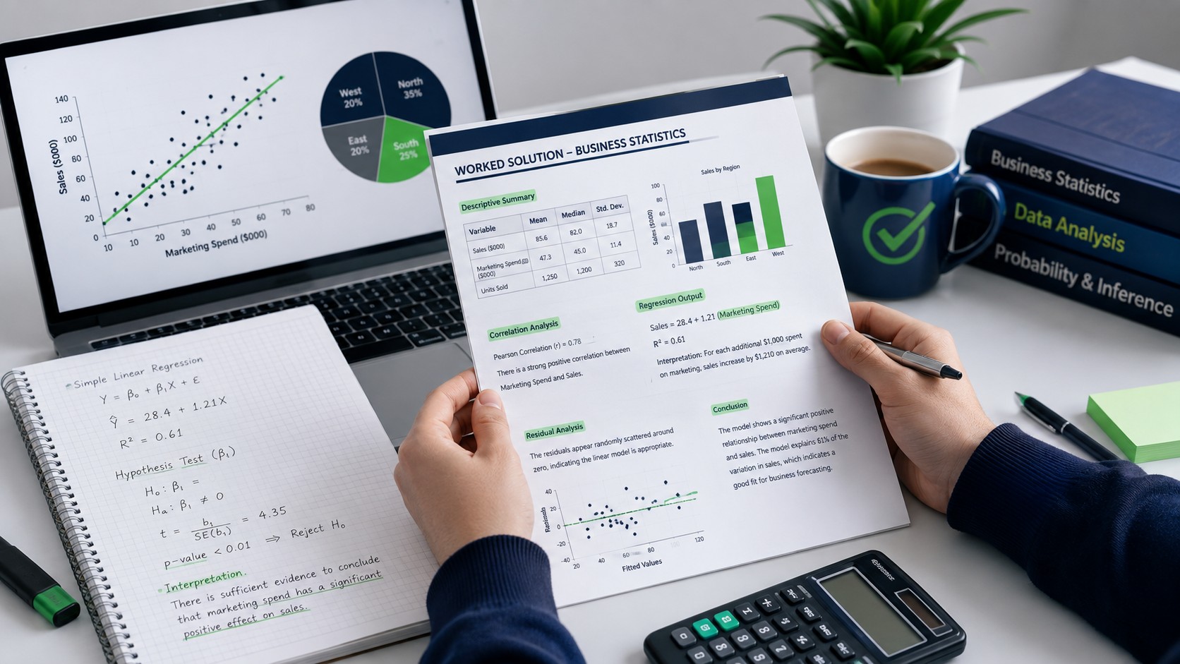 Student reviewing a step-by-step business statistics solution with charts and interpretation notes