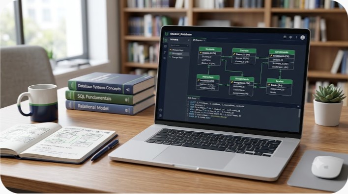 SQL database assignment showing tables, keys, relationships, and query planning