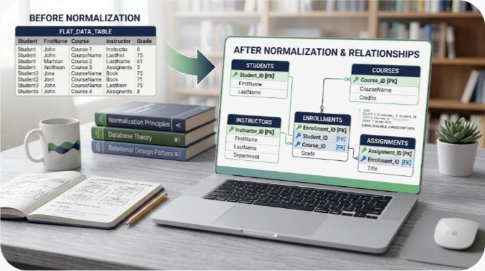 SQL database normalization process from unstructured data to related normalized tables