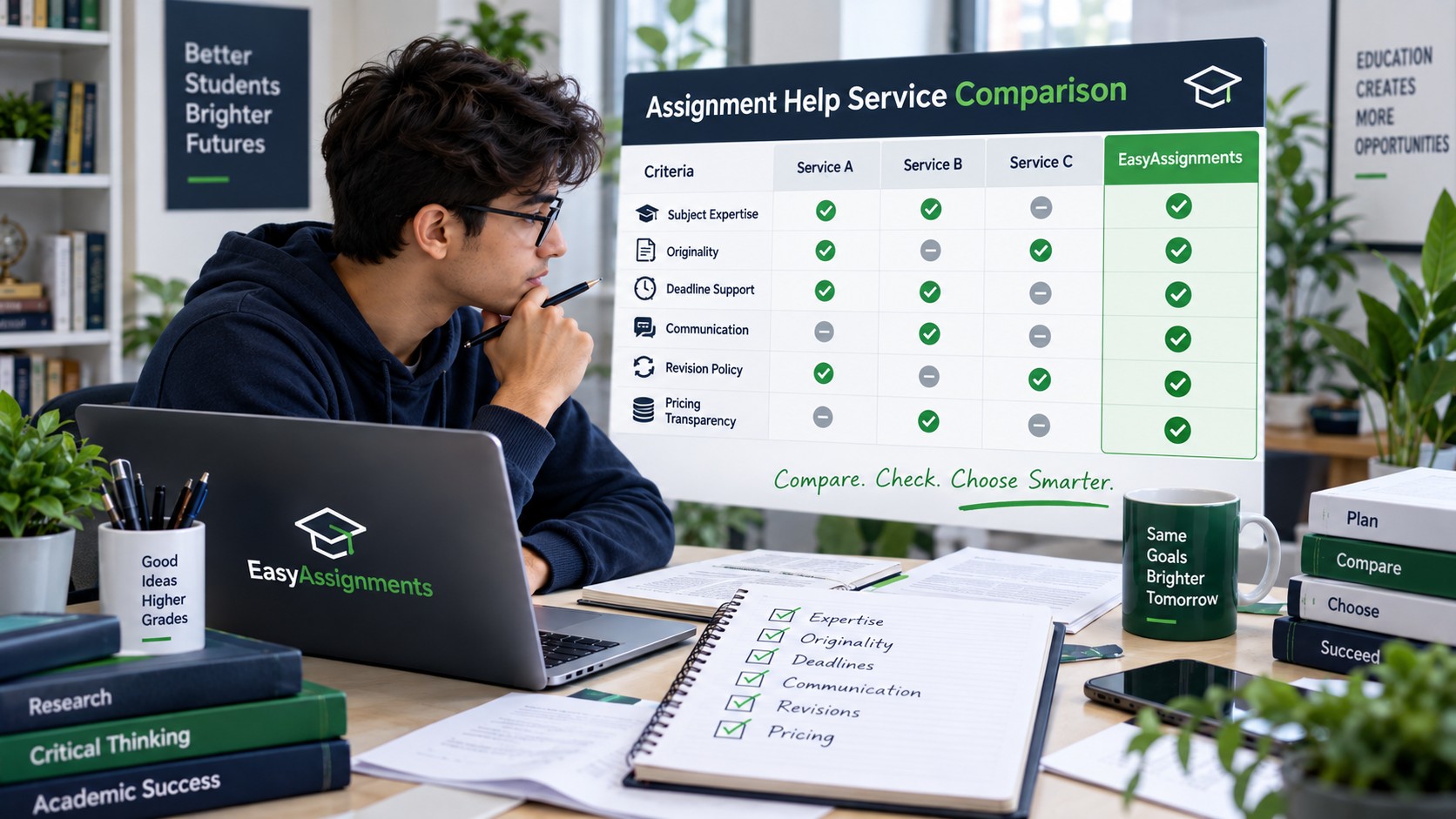 Student comparing assignment help service options using an academic checklist