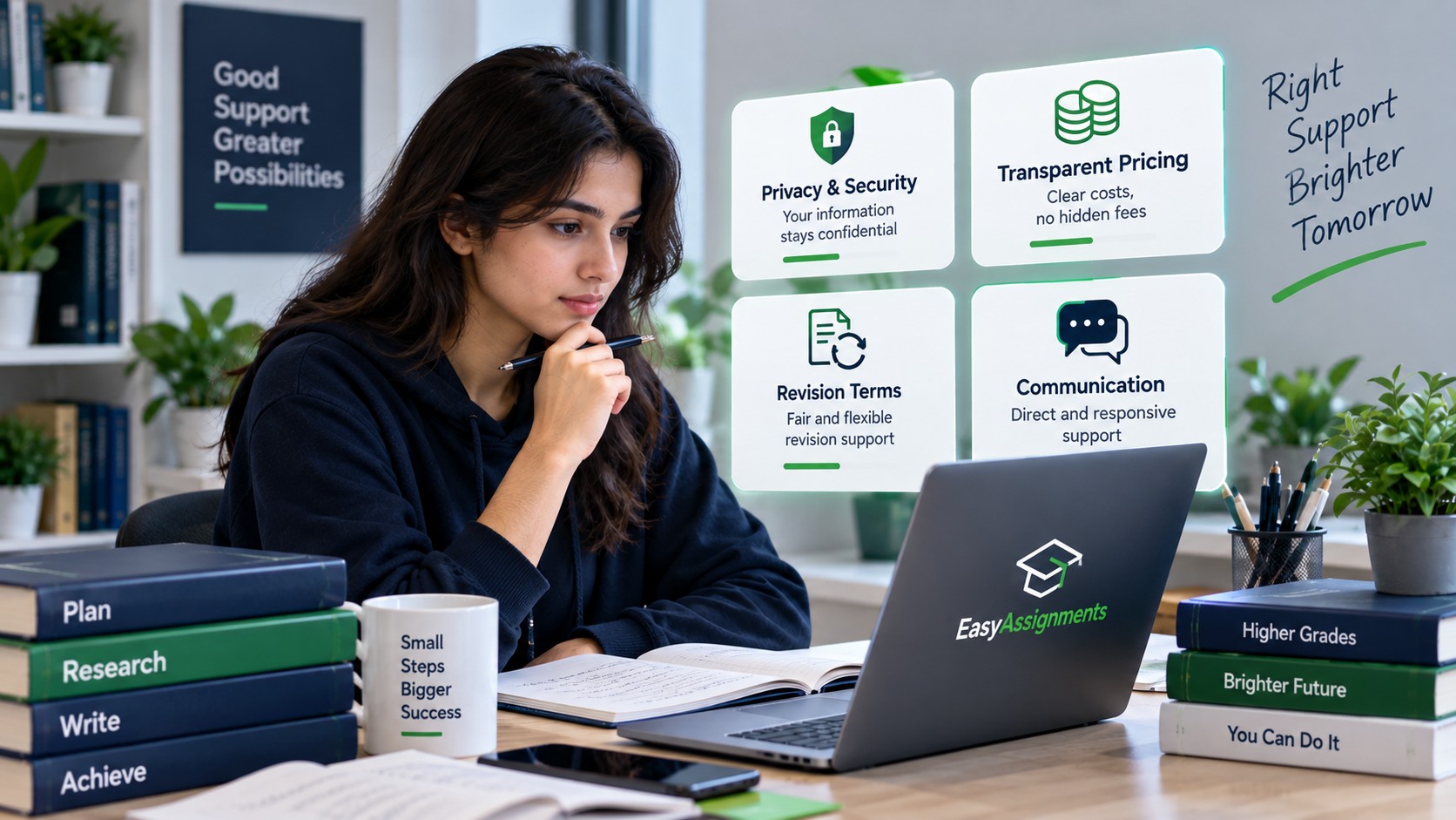Student reviewing assignment help service privacy, pricing, and revision policies