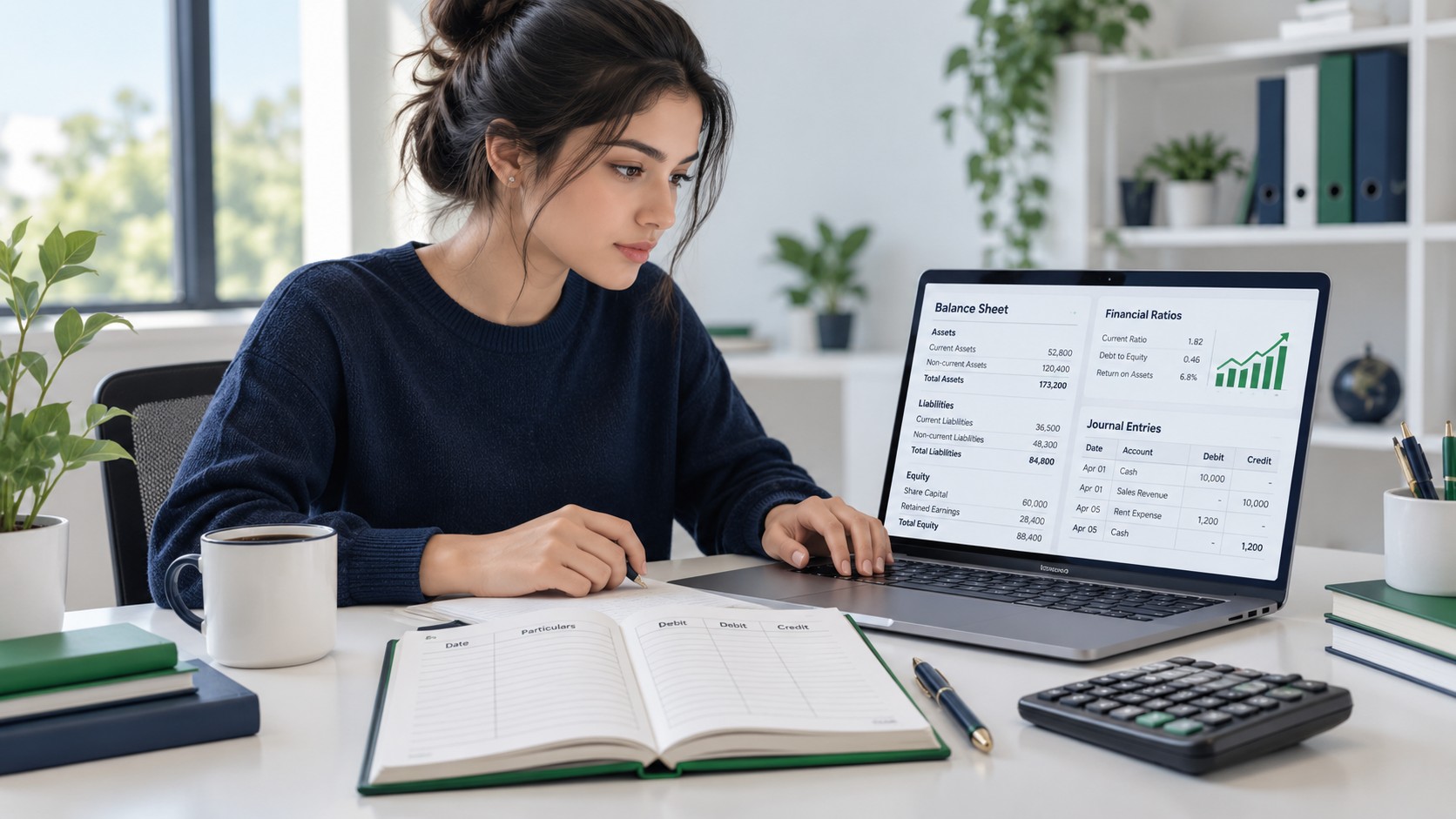 Student recording journal entries in a debit and credit ledger for an accounting assignment
