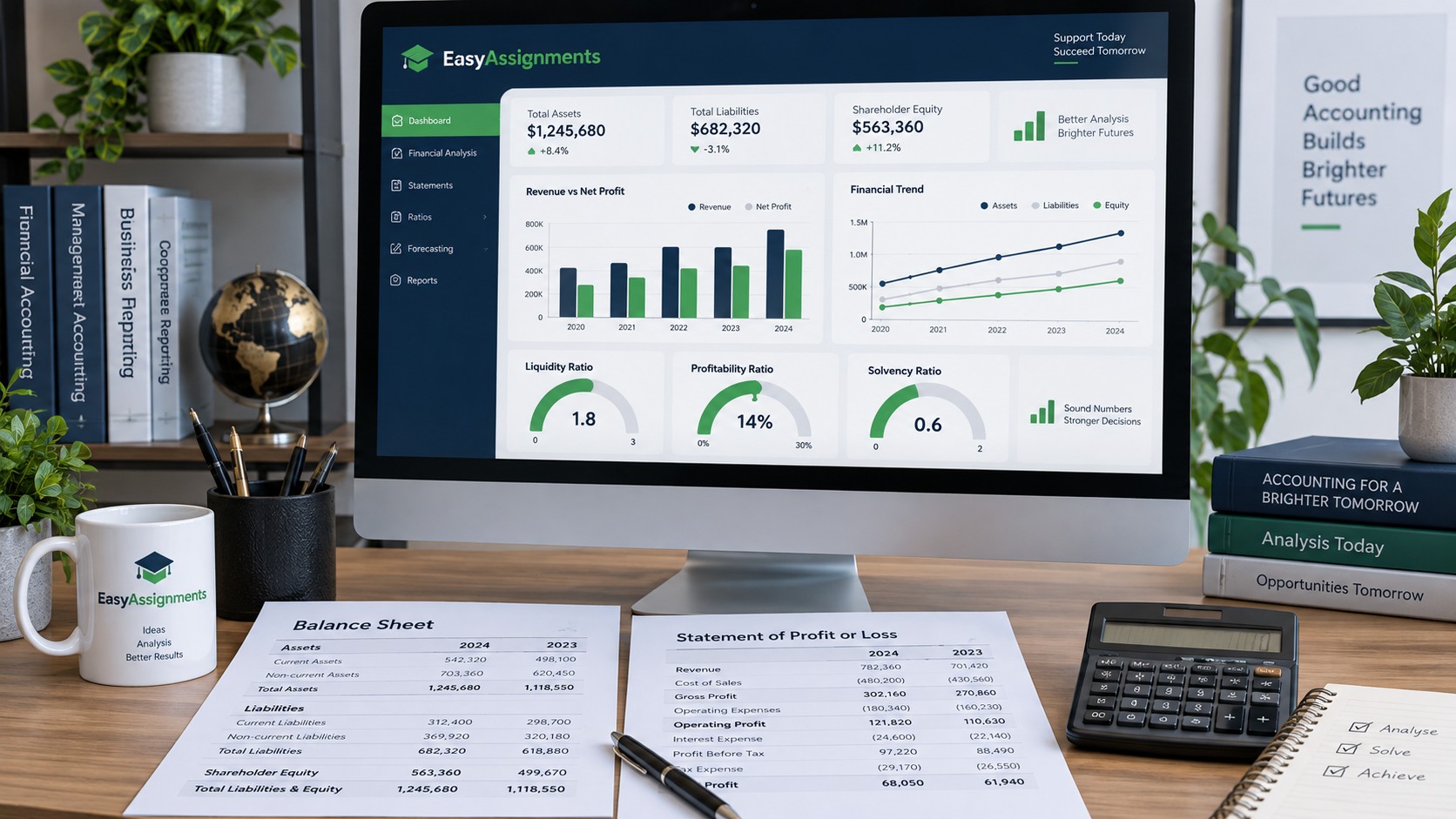 Financial ratio analysis dashboard comparing liquidity, profitability, and solvency ratios for an accounting assignment