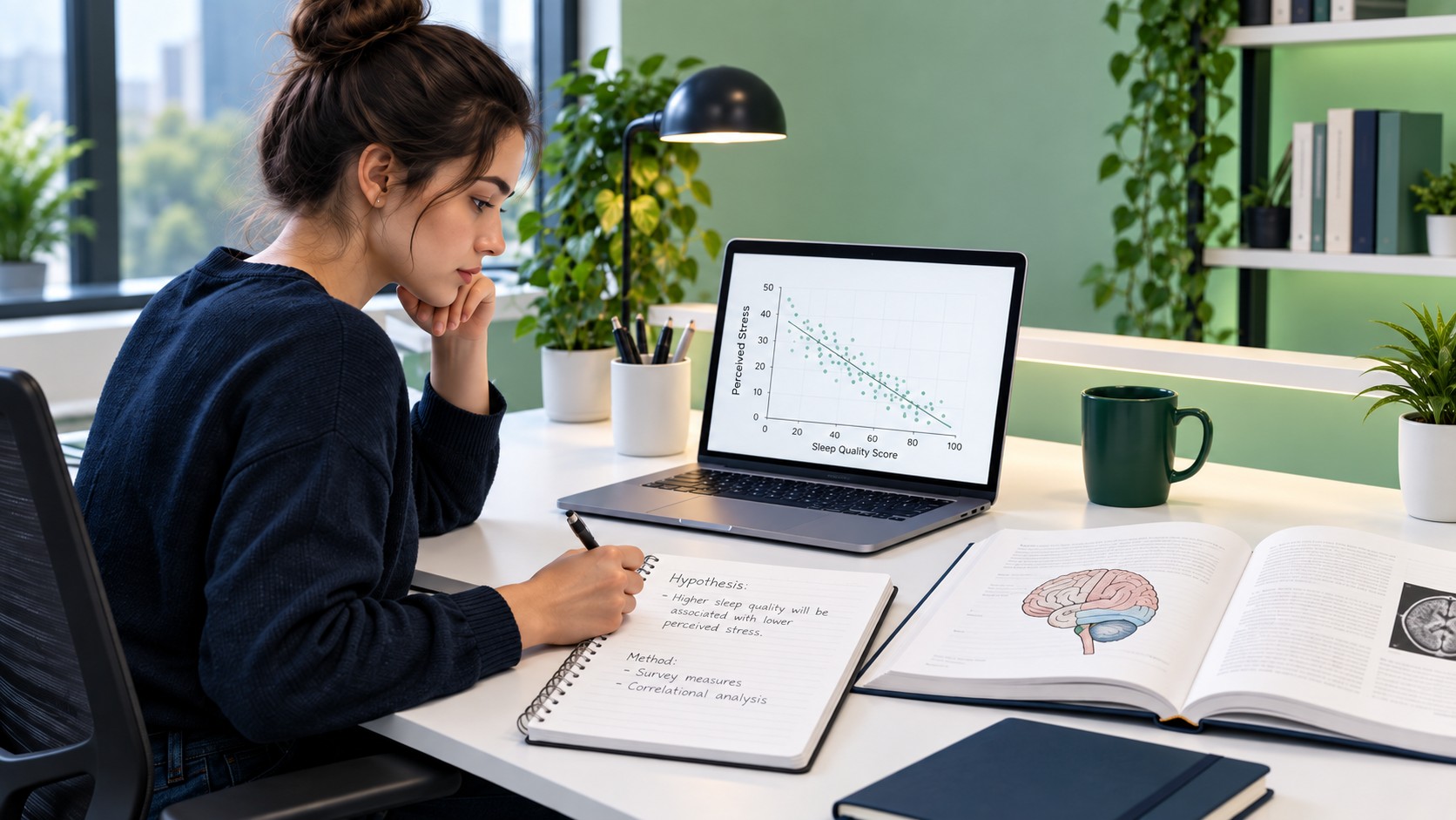 Psychology student planning a research design with hypotheses and variables for a psychology assignment