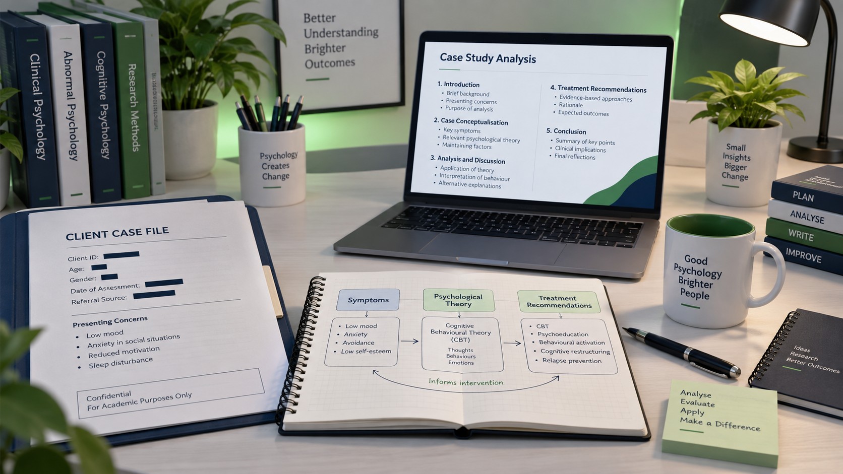 Psychology case study analysis with client notes, theory links, and evidence-based treatment plan