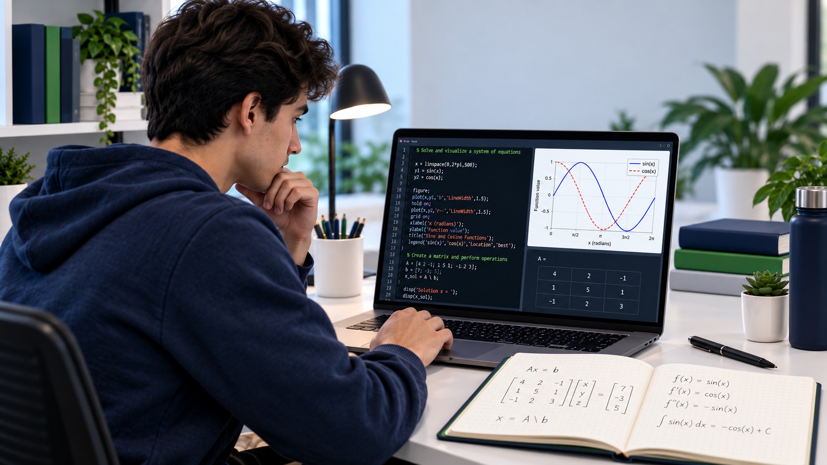 Student working on MATLAB assignment help with code examples and plots on a laptop