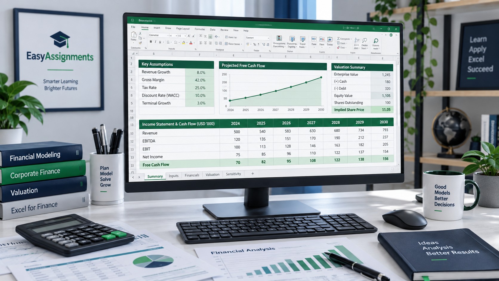 Financial model in Excel with NPV, IRR, and scenario analysis for a finance assignment