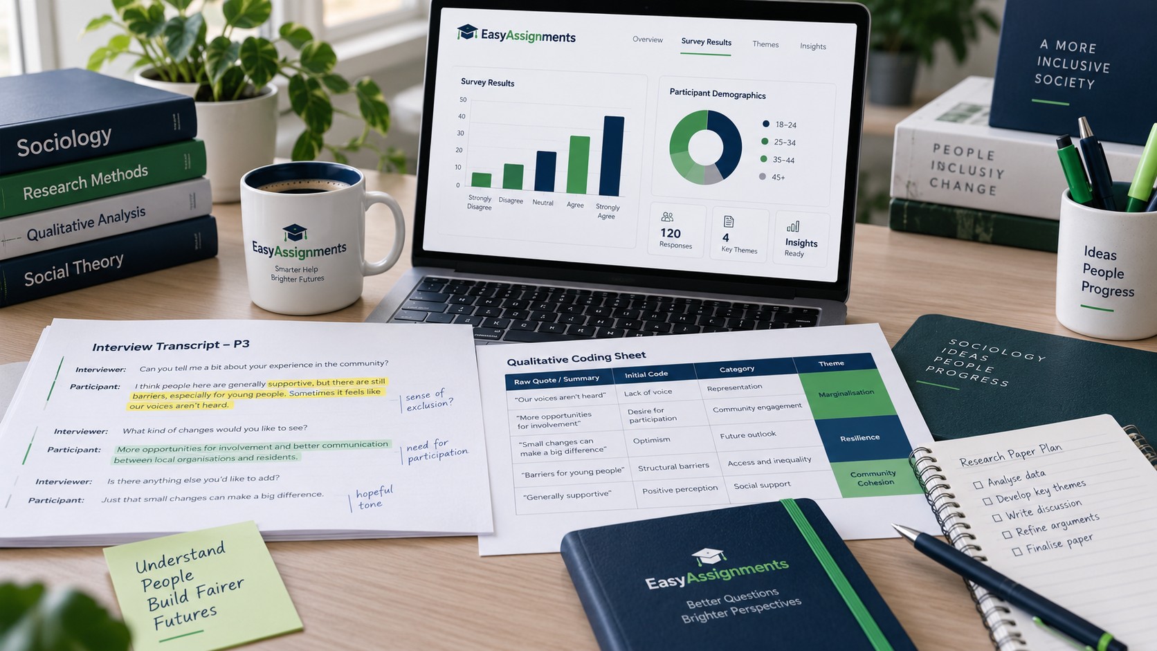 Sociology research paper workspace with survey data charts and interview notes