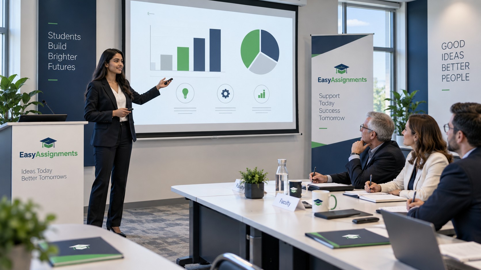 Student delivering a capstone final presentation to a faculty panel