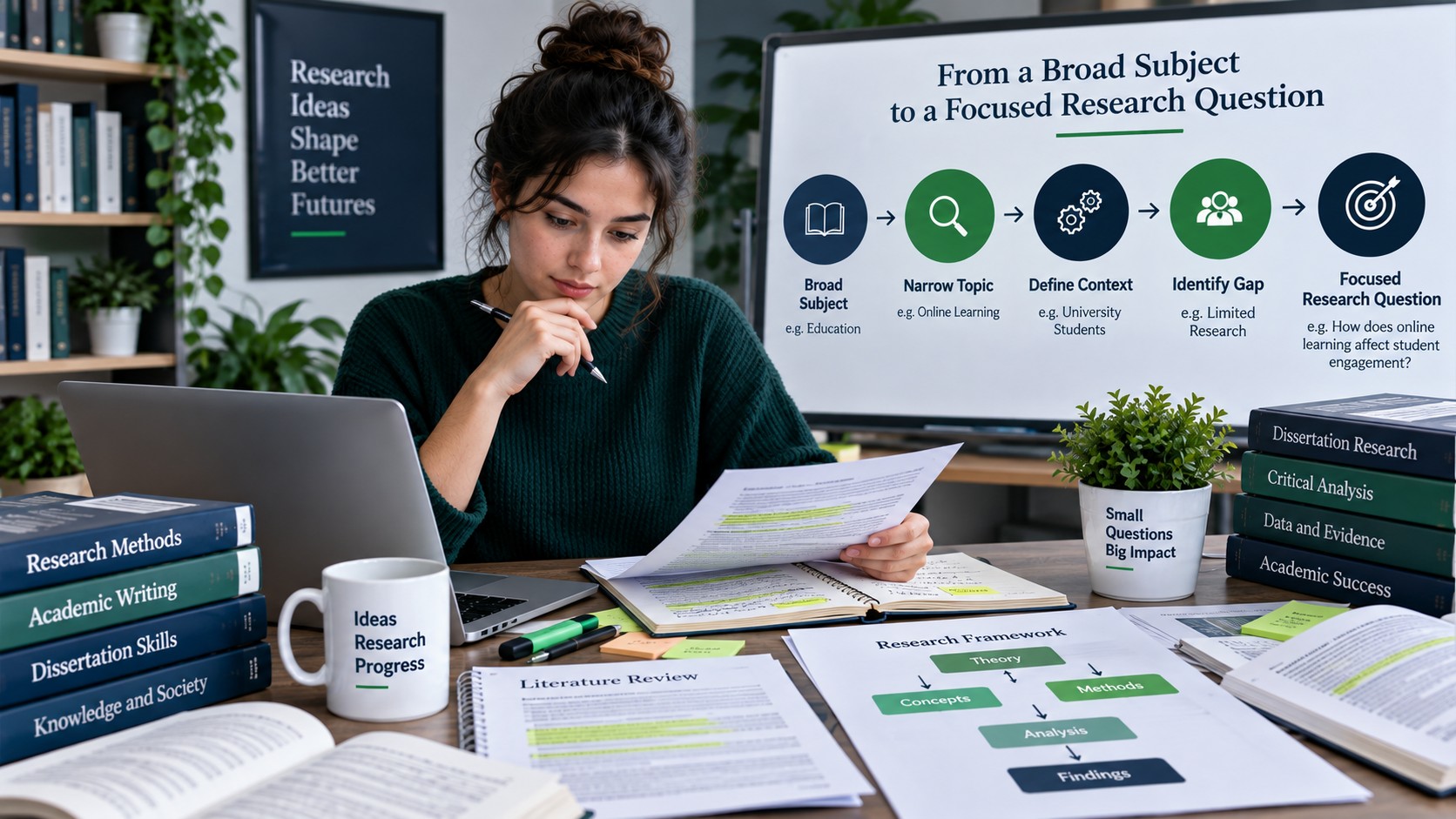 Researcher narrowing a dissertation topic into a focused research question