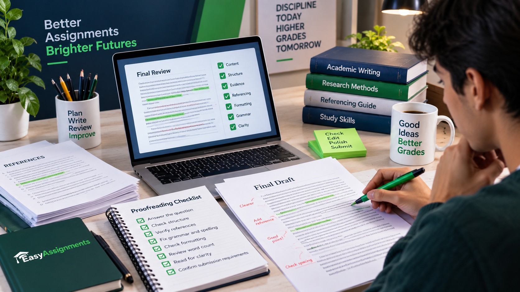 University student proofreading an assignment before submission to improve assignment grade