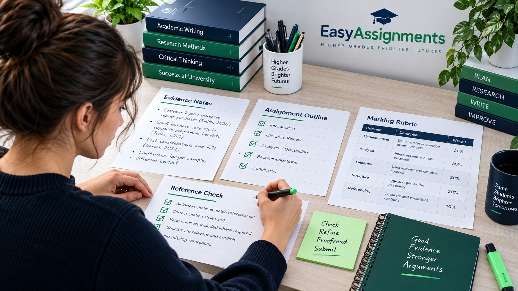 Student checking citations and assignment rubric before submission