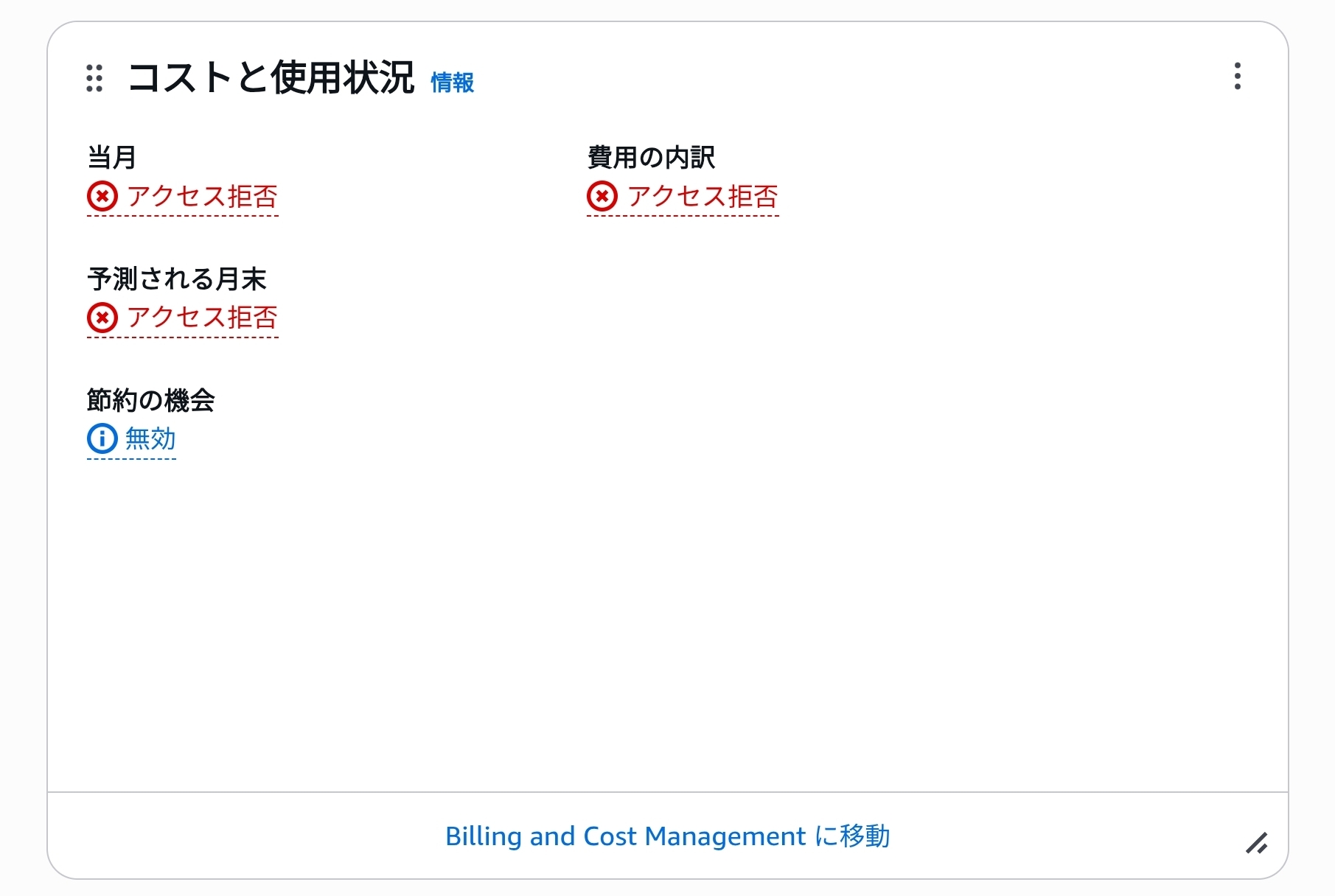 コンソールの「コストと使用状況」ウィジェットが当月・費用の内訳・予測される月末すべて「アクセス拒否」になっている画面