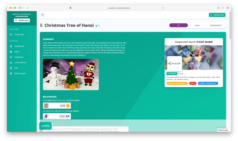 Die Christmas Trees of Hanoi Challenge auf EntwicklerHeld ist eine gute Coding Challenge um die Tiefensuche zu implementieren
