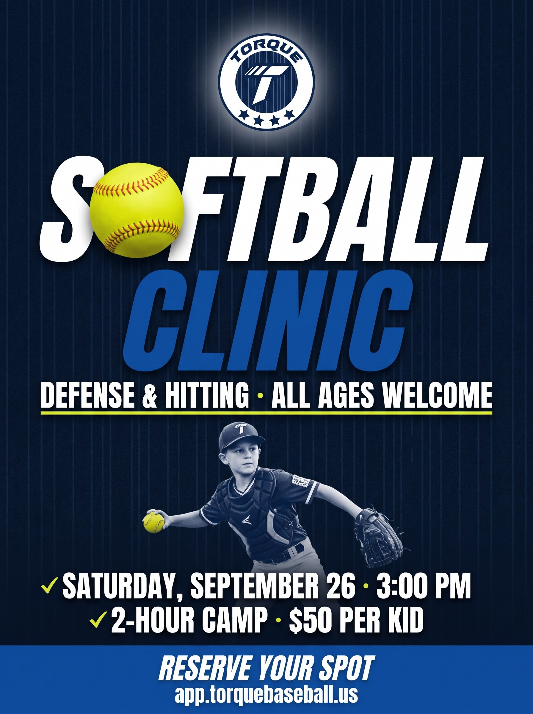Softball Clinic flyer — Saturday, September 26, 3–5 PM, all ages, $50 — tap to sign up