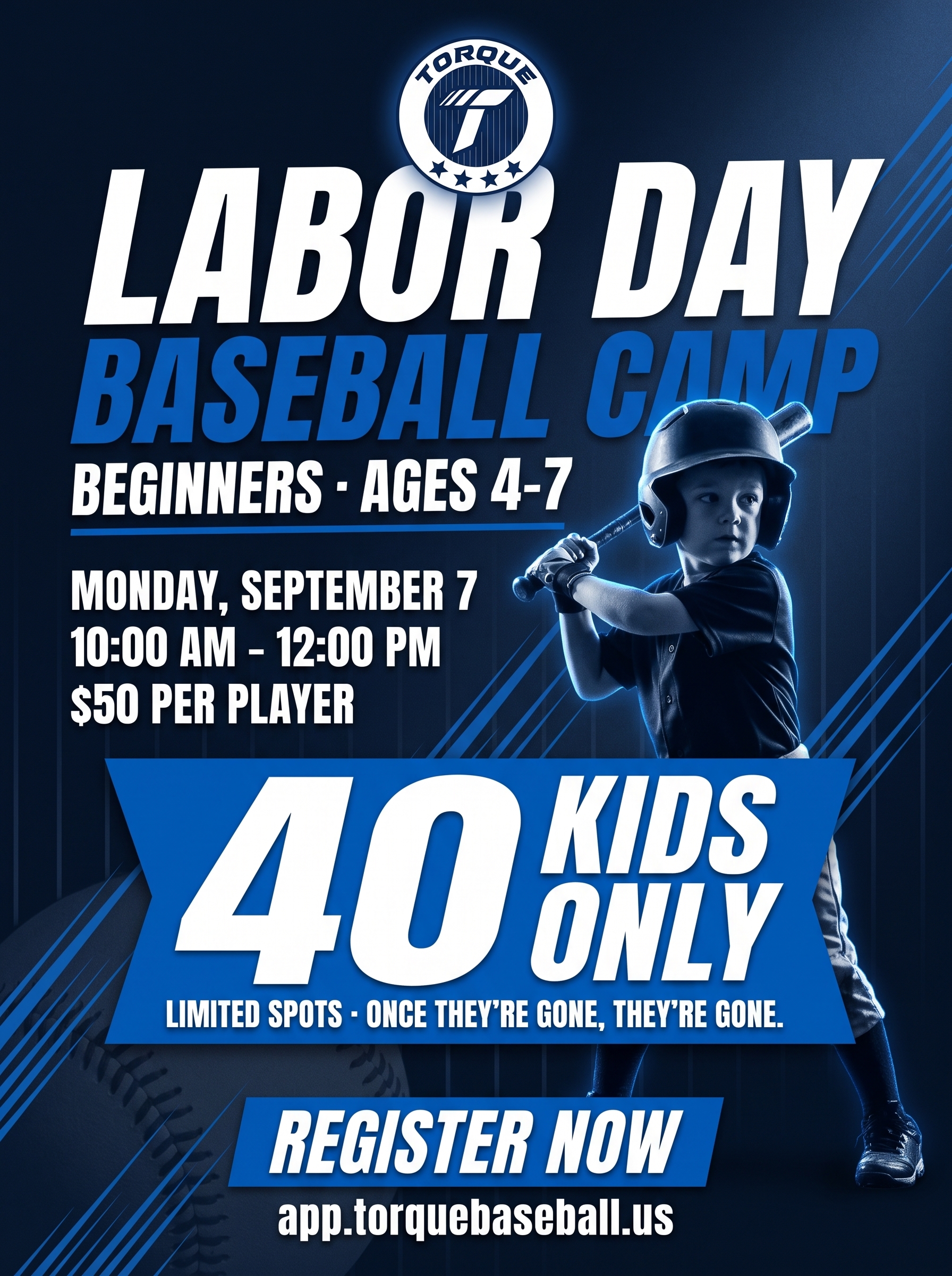 Labor Day Baseball Camp flyer — tap to sign up