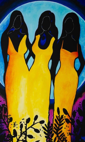 Three silhouetted women in bright yellow dresses stand side by side beneath a glowing blue moon, framed by abstract plant shapes against a deep indigo