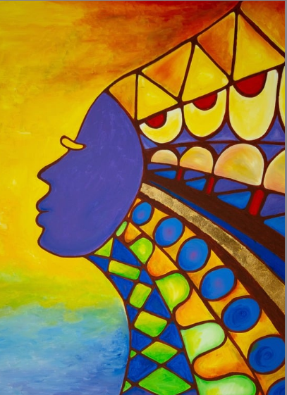 Purple face in profile with colorful geometric patterns on a warm-to-cool gradient background.