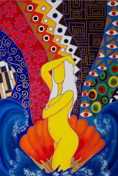 Modern Venus figure in orange shell, surrounded by vibrant patterned backgrounds.