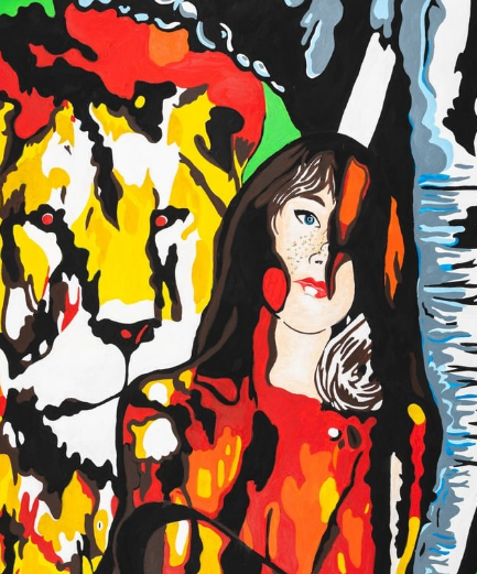 Abstract lion and woman in red dress, set against a vivid, patterned background.