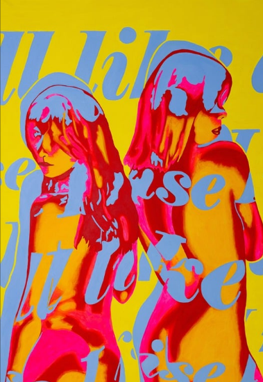 Two stylized female figures with bold colors and layered text reading “Still like air I rise” on a yellow background.
