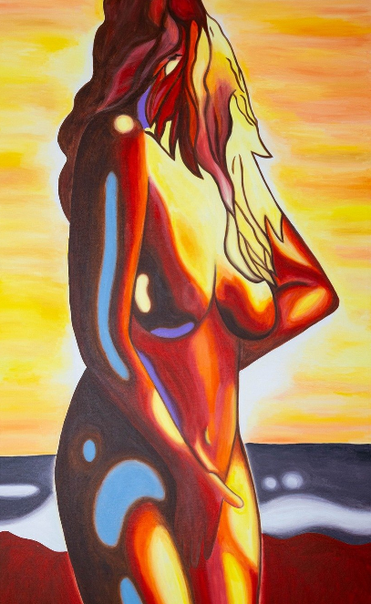Abstract female figure in sunset tones standing by the sea, with waves and a glowing sky.