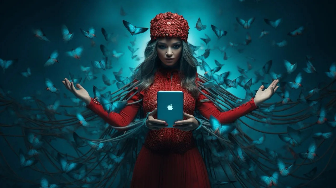 Woman in red dress and hat holds a tablet surrounded by blue butterflies, with a mystical, ethereal atmosphere against a teal background.