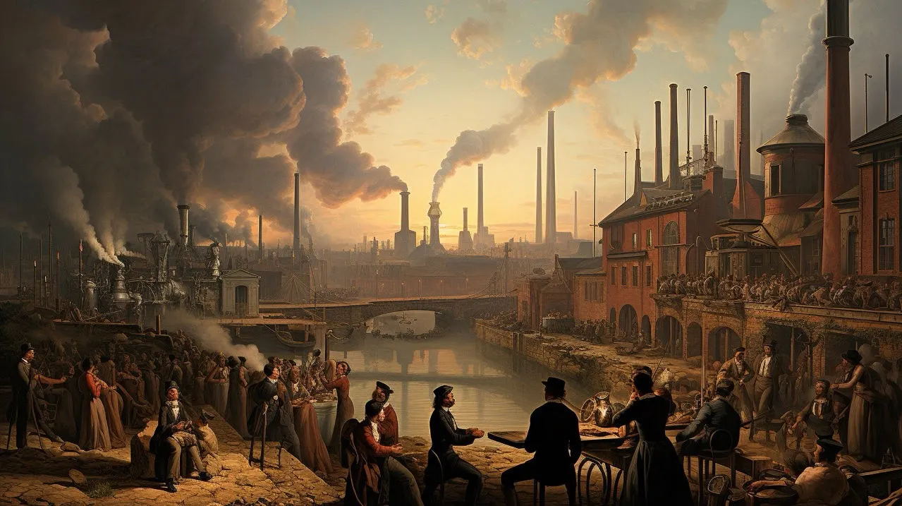 Industrial scene with smokestacks and factories by a river. People in 19th-century attire gather, creating a bustling, smoky atmosphere.