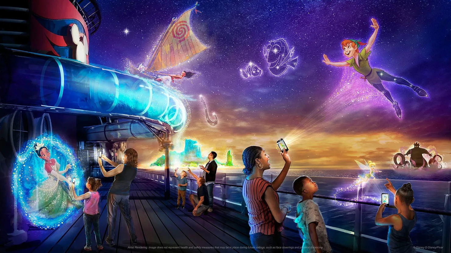 People on a ship's deck watch a vibrant night sky featuring flying characters and constellations. Some are taking photos with phones.