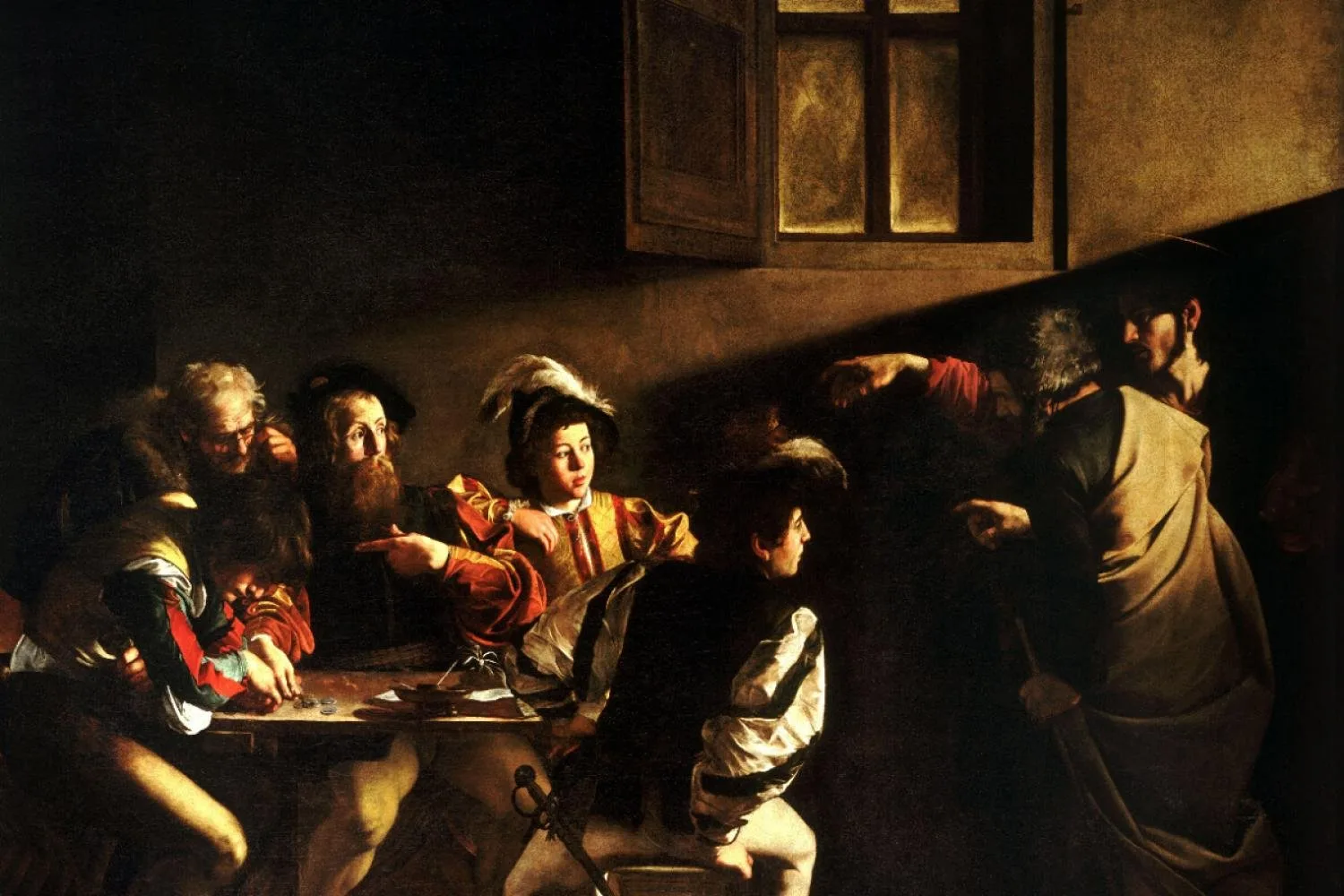 Painting “The Calling of Saint Matthew” by Caravaggio capturing strong diagonals and dramatic light on figures.