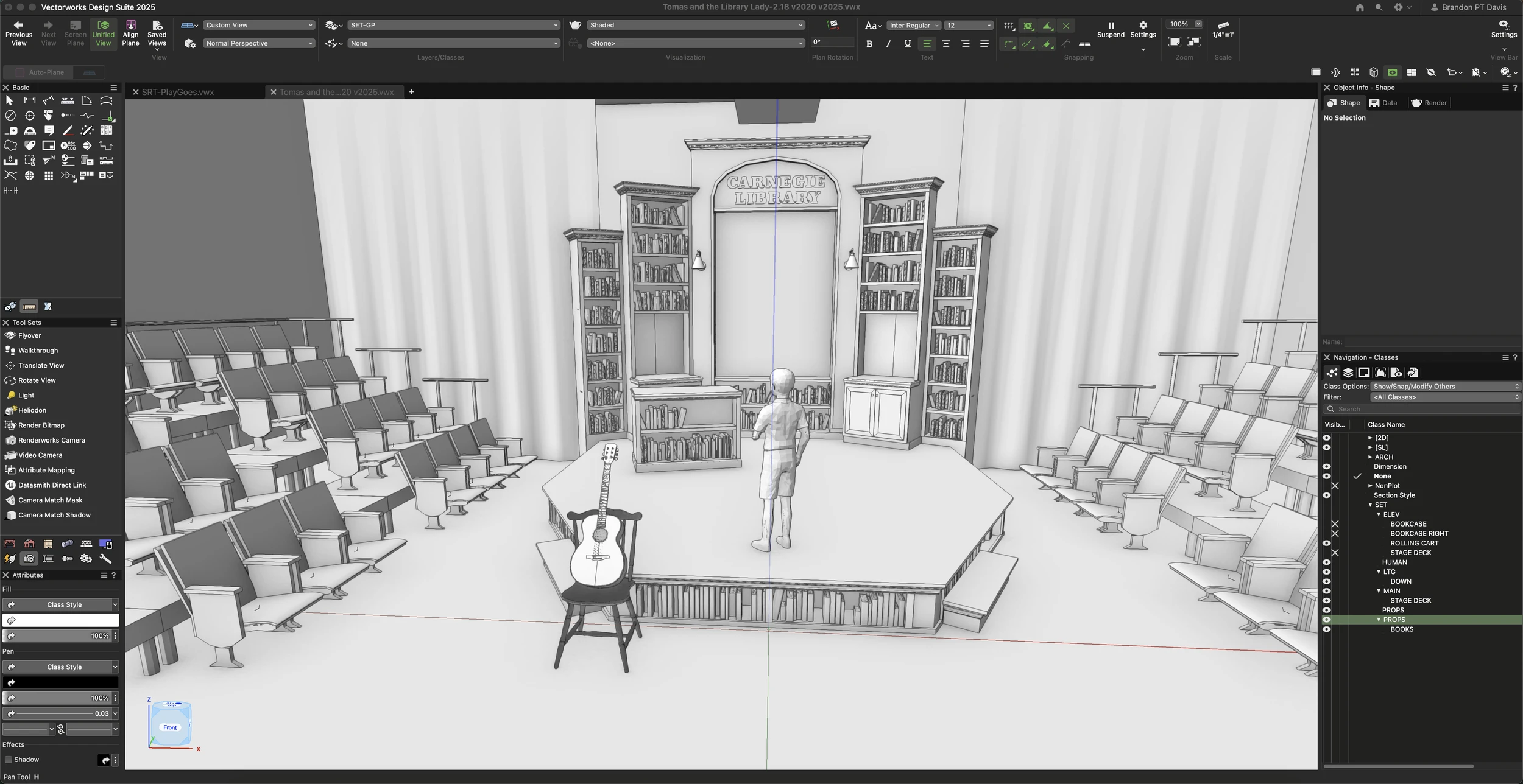 Vectorworks rendering in progress, showing layered viewports and material textures in a scenic design project..