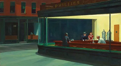 Edward Hopper’s painting “Nighthawks” depicting a quiet, architectural framing and mood.