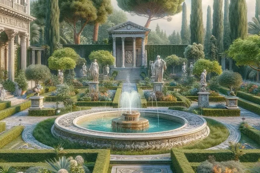 Elegant garden with statues, a central fountain, lush greenery, and a classical building. Soft light creates a serene atmosphere.