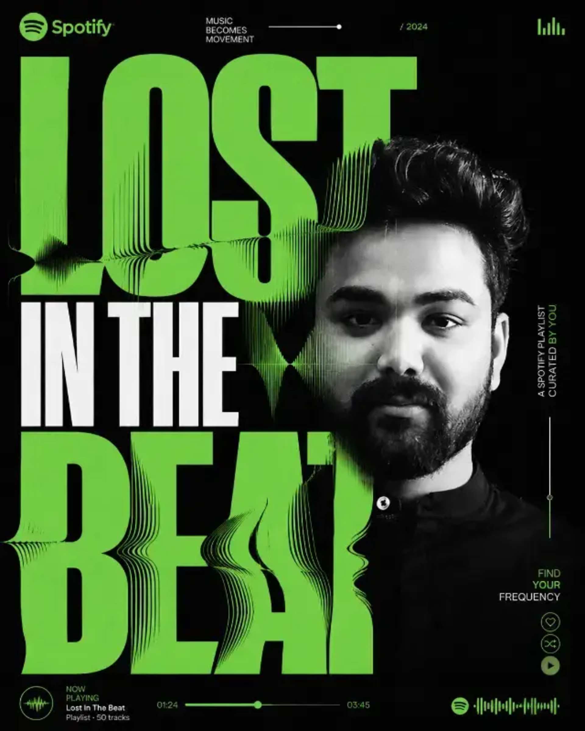 Spotify Bass Typography Portrait prompt - Spotify social media poster, premium music campaign, Adobe Illustrator vector art, luxury editorial design, modern typography poster, Swiss grid layout, elegant waveform visualization, monochrome fashion portrait, high-end advertising visual, brand campaign graphic