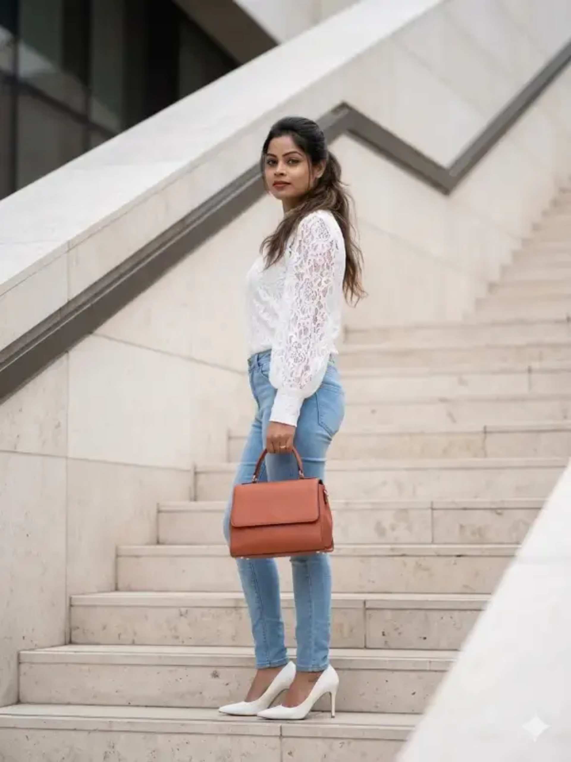 Casual Girl Urban Fashion Editorial prompt - fashion photography, elegant woman, urban architecture, casual chic fashion, white lace blouse, light blue jeans, luxury handbag, natural light portrait