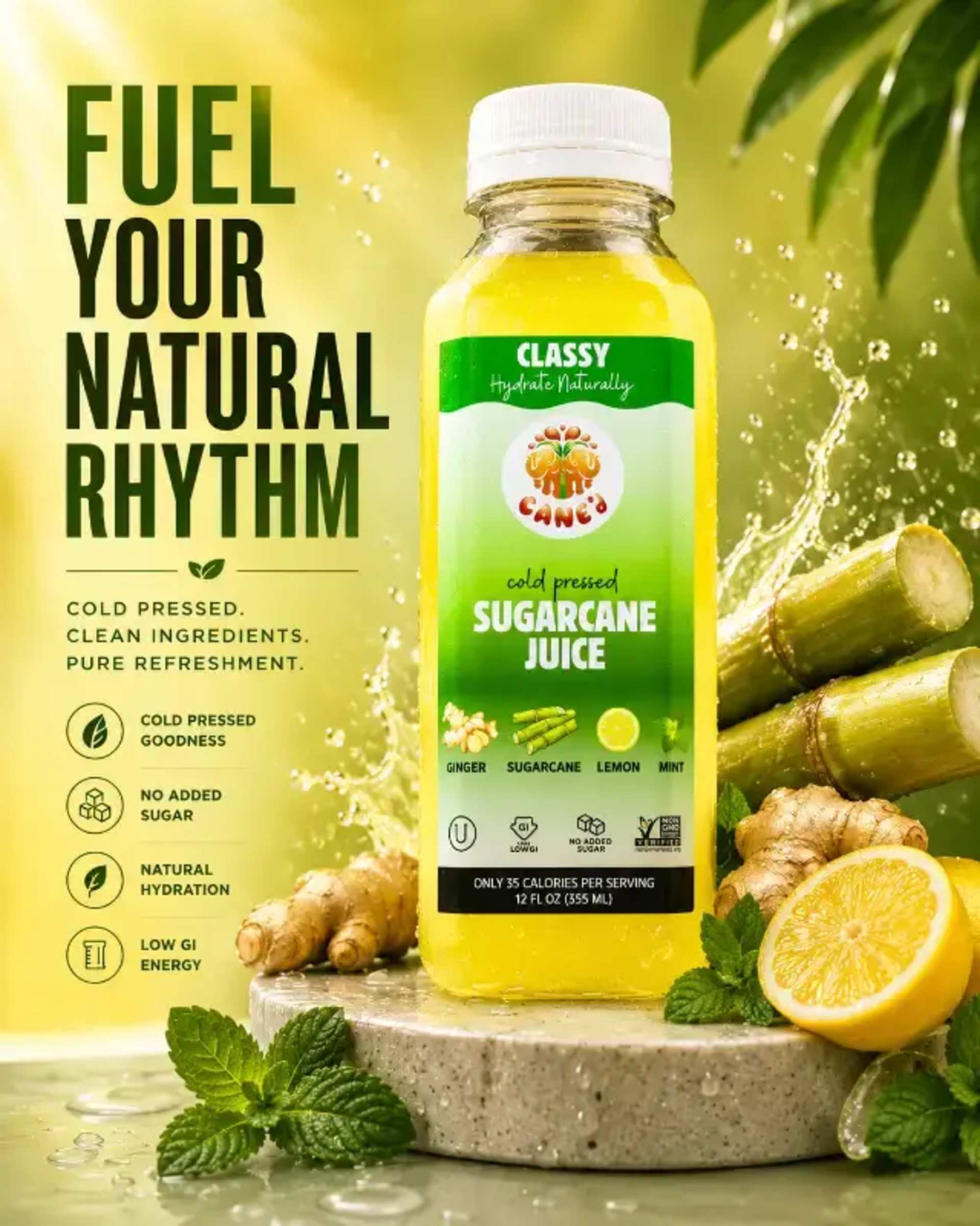 Premium Juice Bottle Ad: Fresh & Vibrant prompt - Premium  juice, Commercial beverage photography, Luxury product advertising, Glass bottle condensation, Fresh fruit styling, Fruit juice splash, Studio product photography, Editorial poster design, High-speed liquid photography, Vibrant golden juice